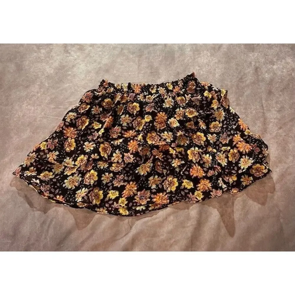 Aqua Womens Tapestry Floral‎ Mini Skirt Ruffle Elastic Waist Pull On Size XS NWT